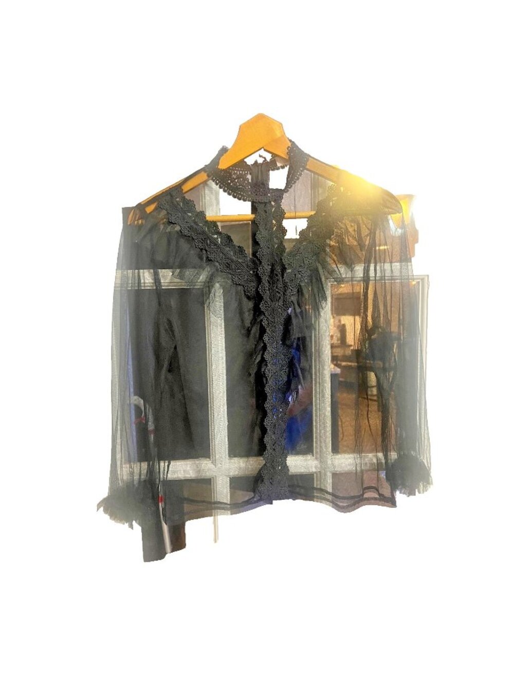 L.I.F.E. Love Is For Eternity Black Sheer Mesh Lace Ruffle Mock Neck Blouse XL.